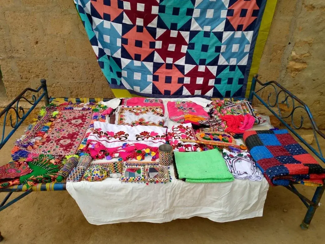 Women artisans' goods for sale at the "Female Agriculture Entrepreneur Shop" in rural Sindh